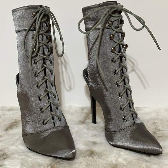 So Me Shoes - So Me Grey Satin Lace Up Pointy Toe Ankle Boots 4 1/2" Stiletto Heels